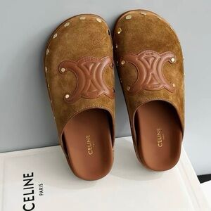 Celine Brown Suede Clog Mules with Leather Logo Patch